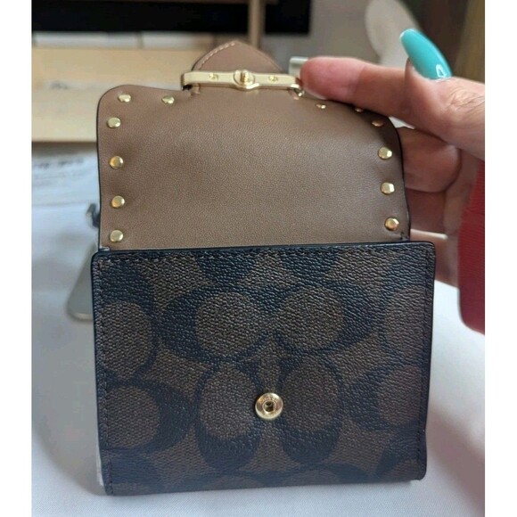 Coach Small Morgan Wallet With Rivets -  Brown/Black Signature Canvas, Leather - Picture 6 of 9